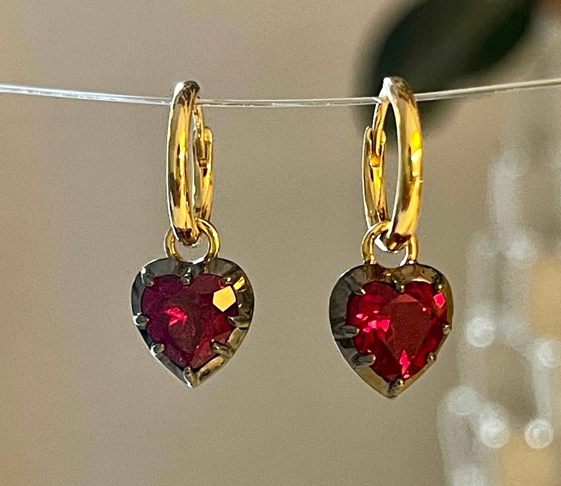 2 Ct Heart Cut Ruby Georgian Victorian Blackened 18K Gold Earrings