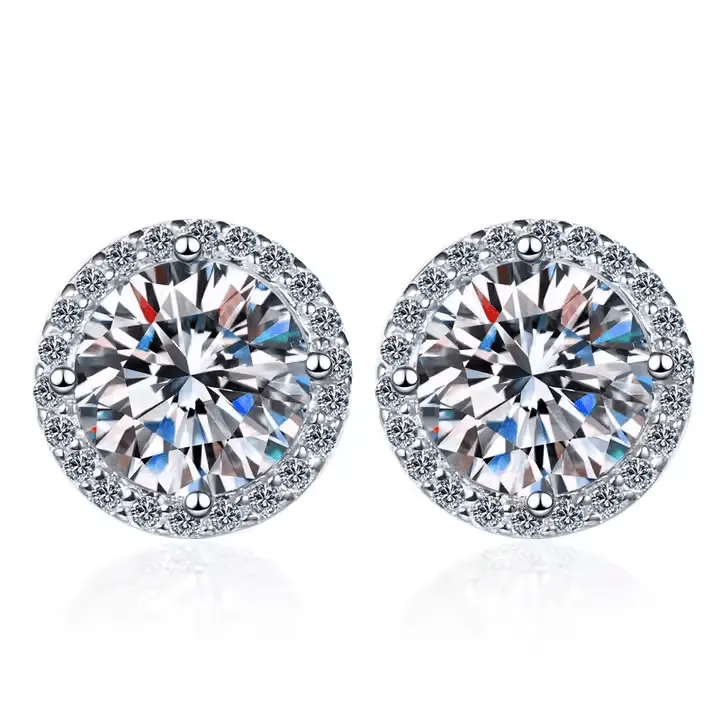 2.00 Ct Halo Diamond Studs With Screw Backs White Gold Moissanite