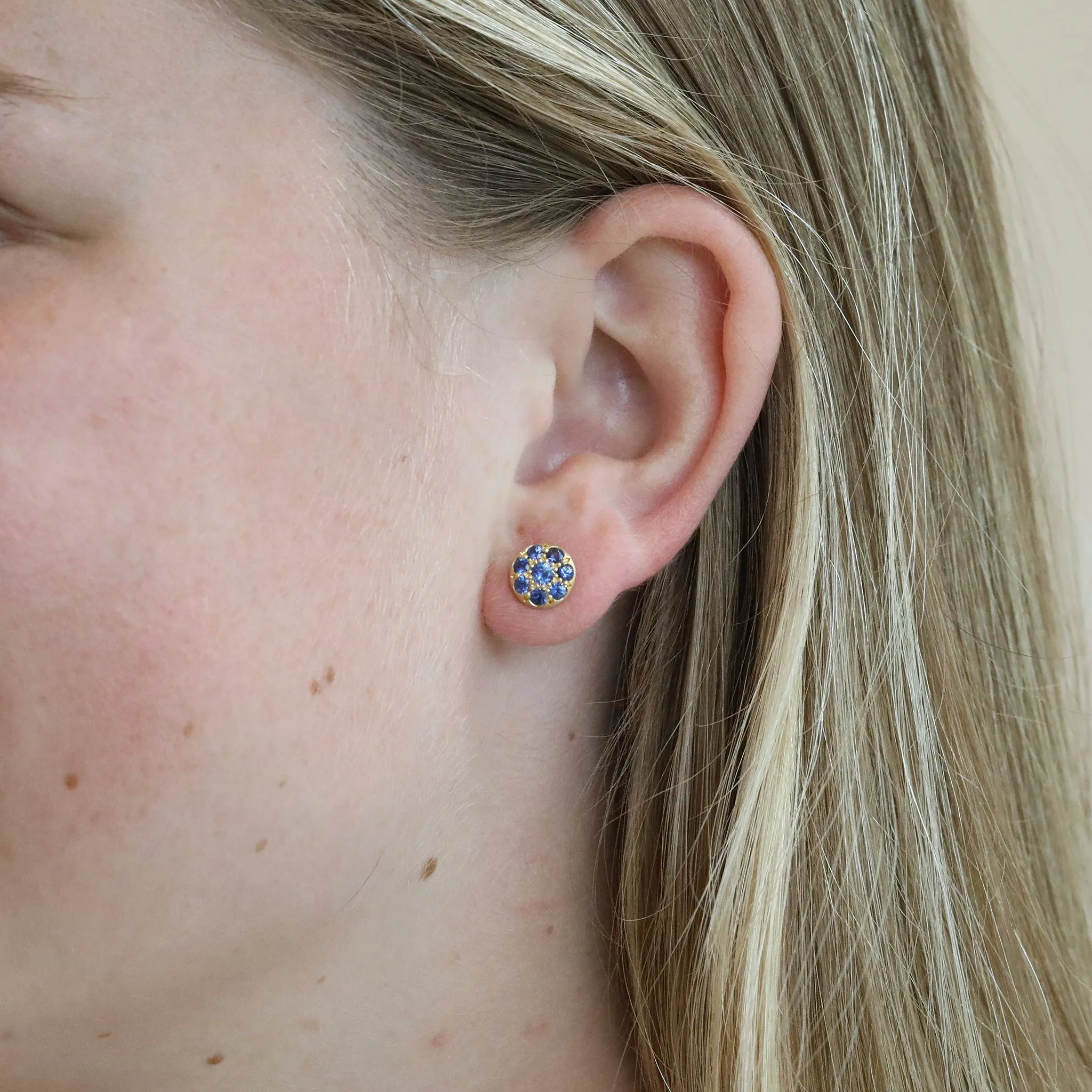 20K Gold Pave Blue Sapphire Disc Studs