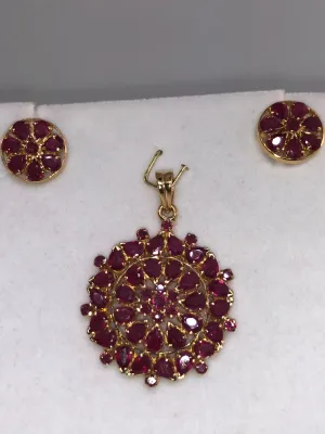 22K Yellow Gold and Ruby Pendant and Earring Set