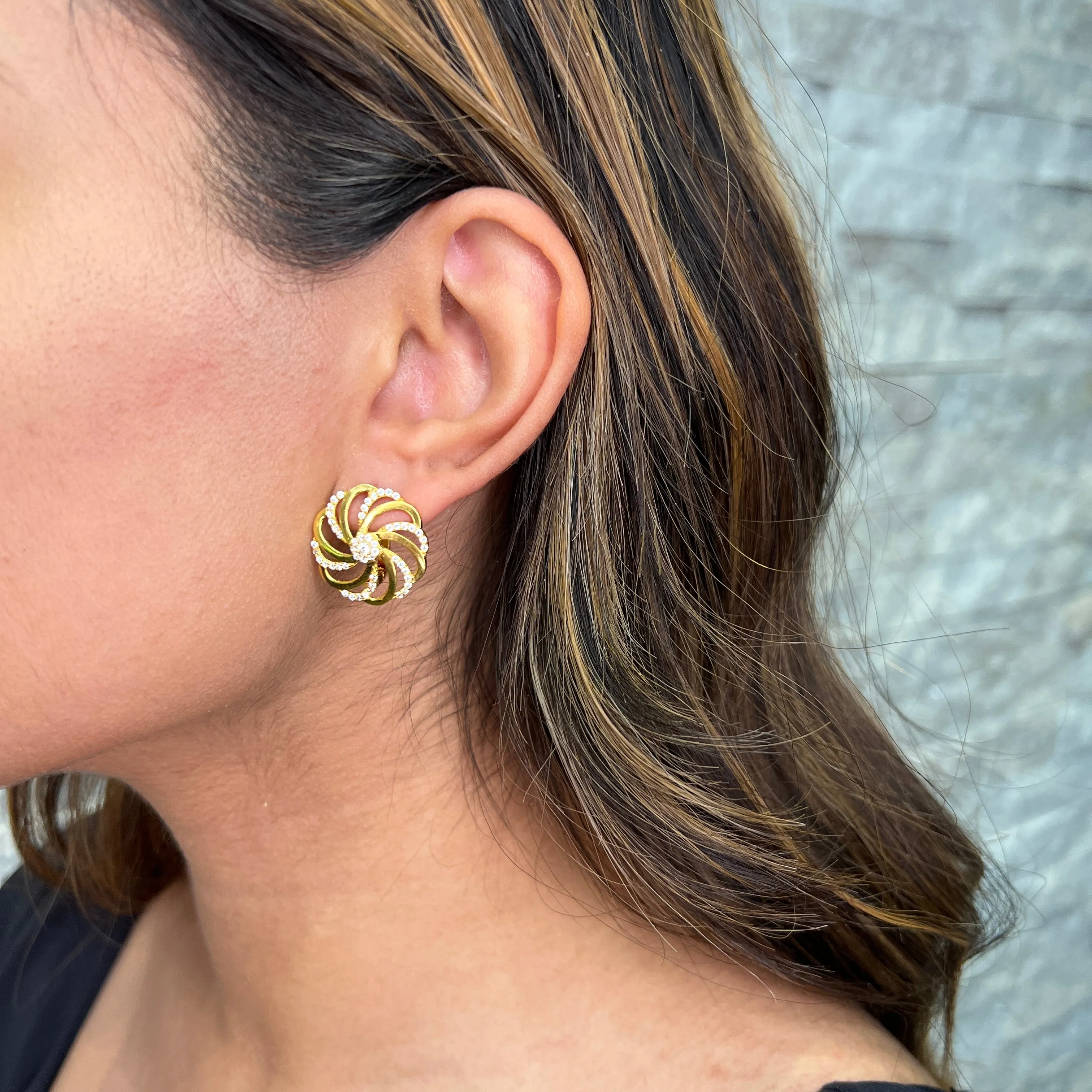 22K Yellow Gold Floral CZ Lever Back Earrings