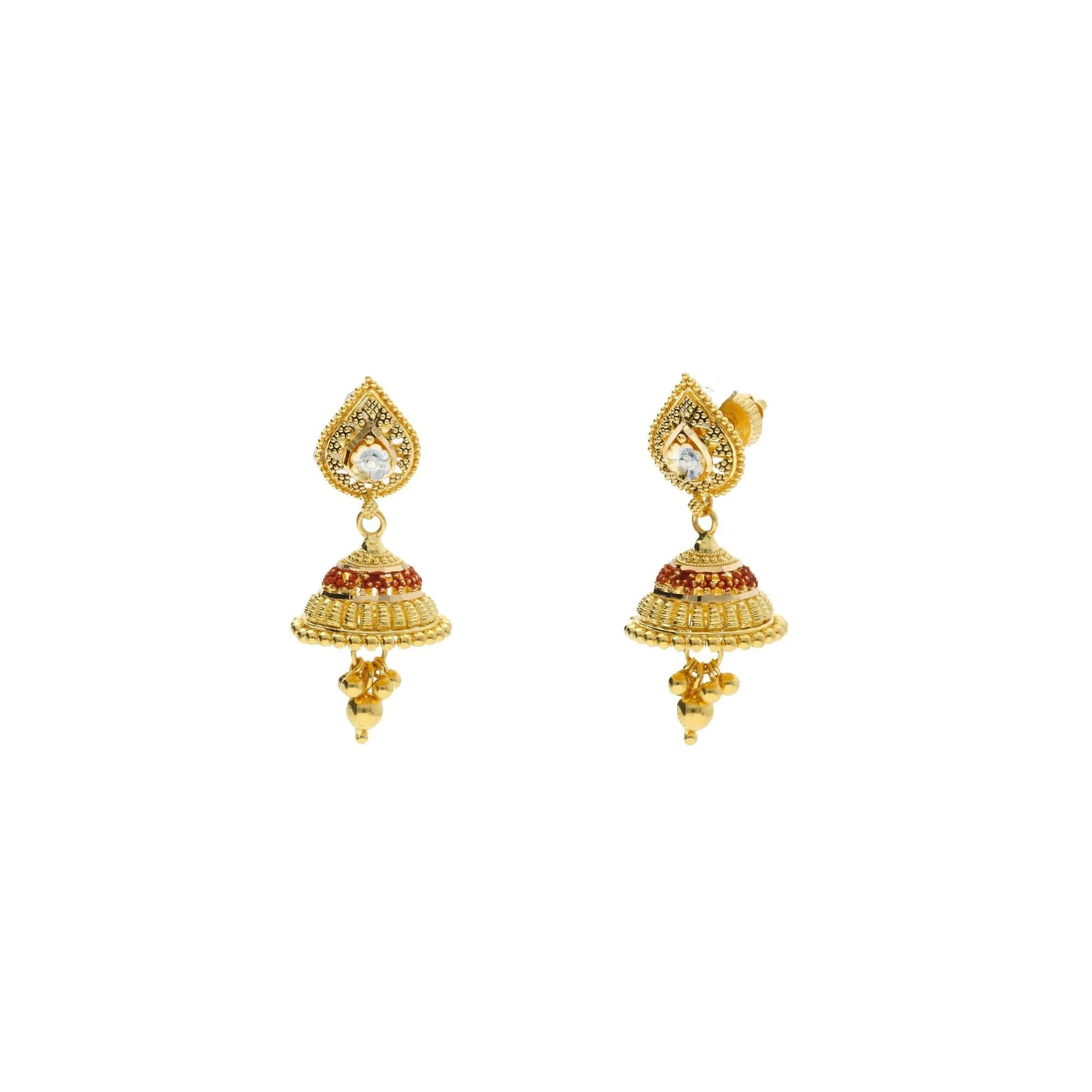 22K Yellow Gold Jhumki Drop Earrings W/ Meenakari Details & Flower Decals