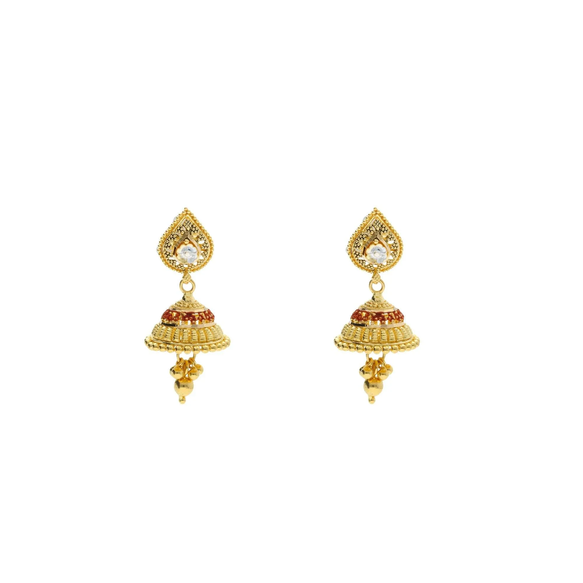 22K Yellow Gold Jhumki Drop Earrings W/ Meenakari Details & Flower Decals