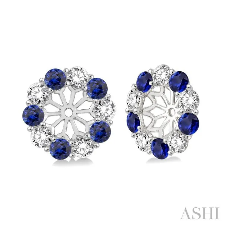2.3 MM Round Cut Sapphire and 1/2 ctw Round Cut Diamond Precious Earrings Jacket in 14K White Gold