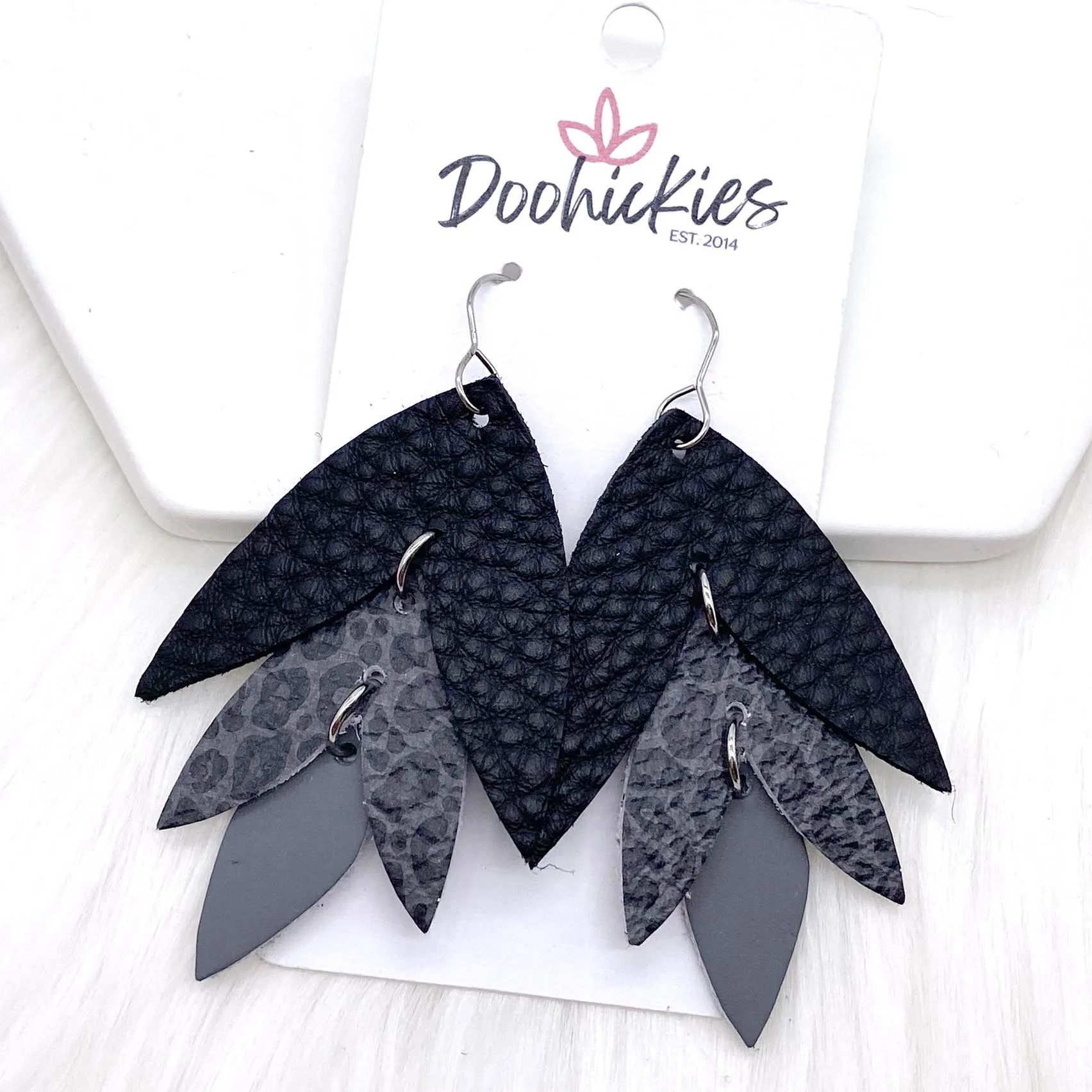 2.5" Black/Grey Leopard/Grey Chopper Lilli Belle -Leather Earrings