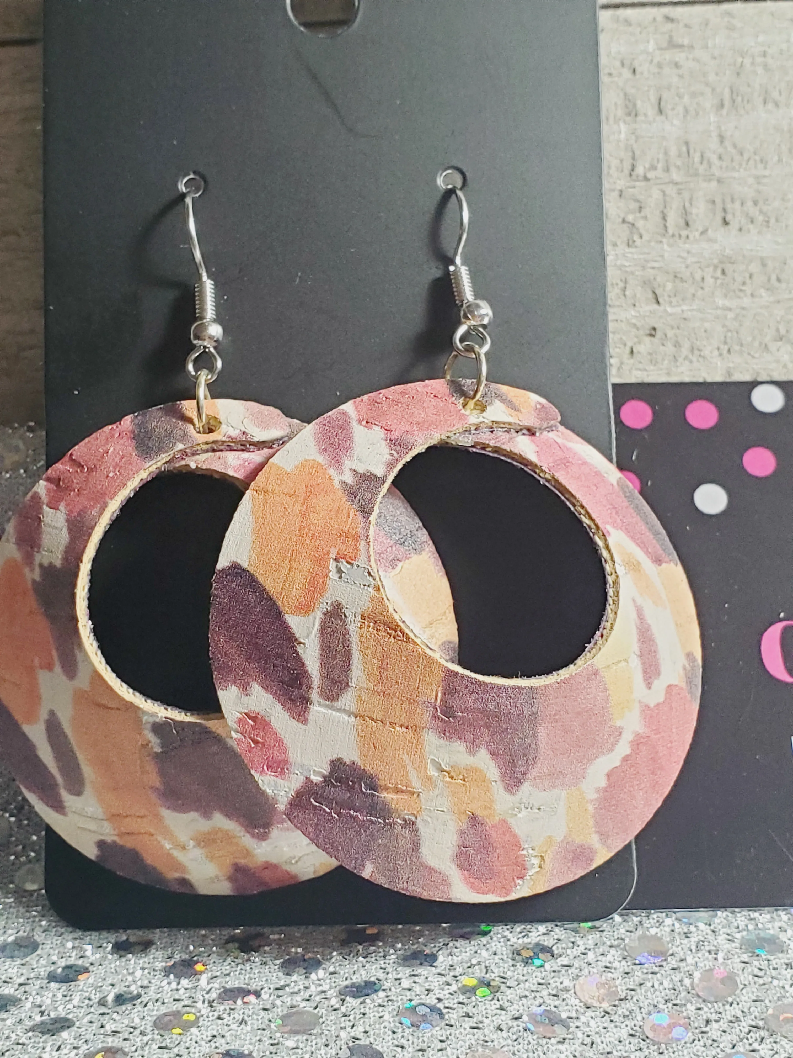 343 Multi-Colored Open Circle Cork Leather Dangle Earrings