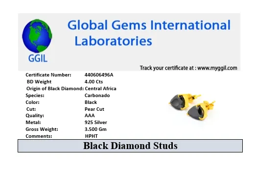 4 Ct AAA Certified Pear Shape Black Diamond Solitaire Studs in 3 Prong Style, Elegant Look & Great Shine