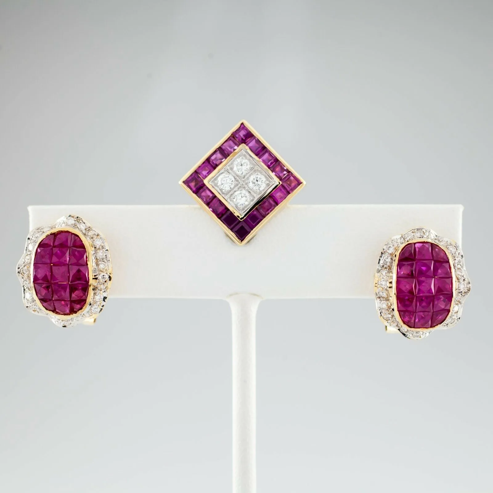 5.75 carat Ruby & 1.35 carat Diamond 18k Yellow Gold Earring and Pendant Set