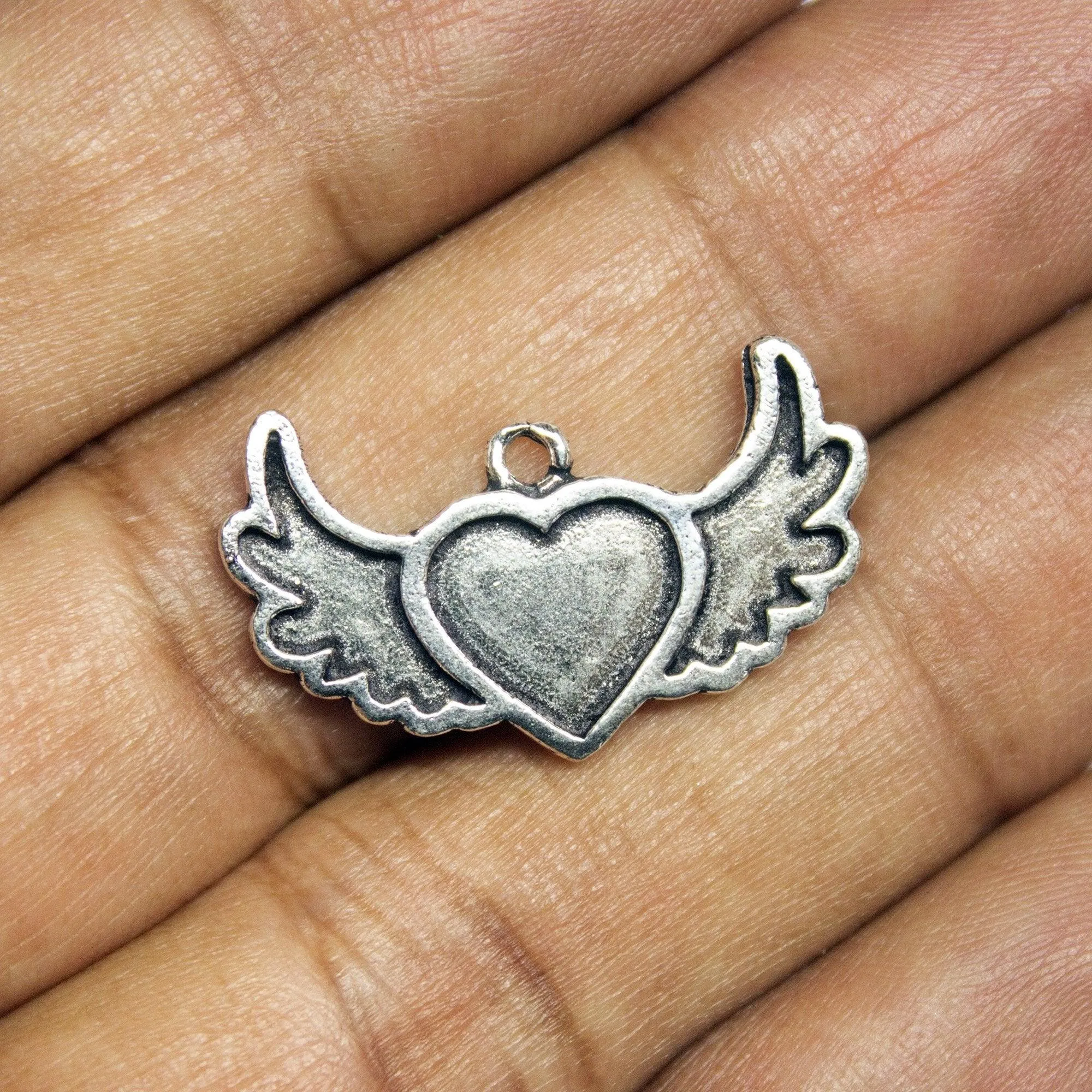 6 Heart Charms Antique Silver Tone Heart Wings Charm