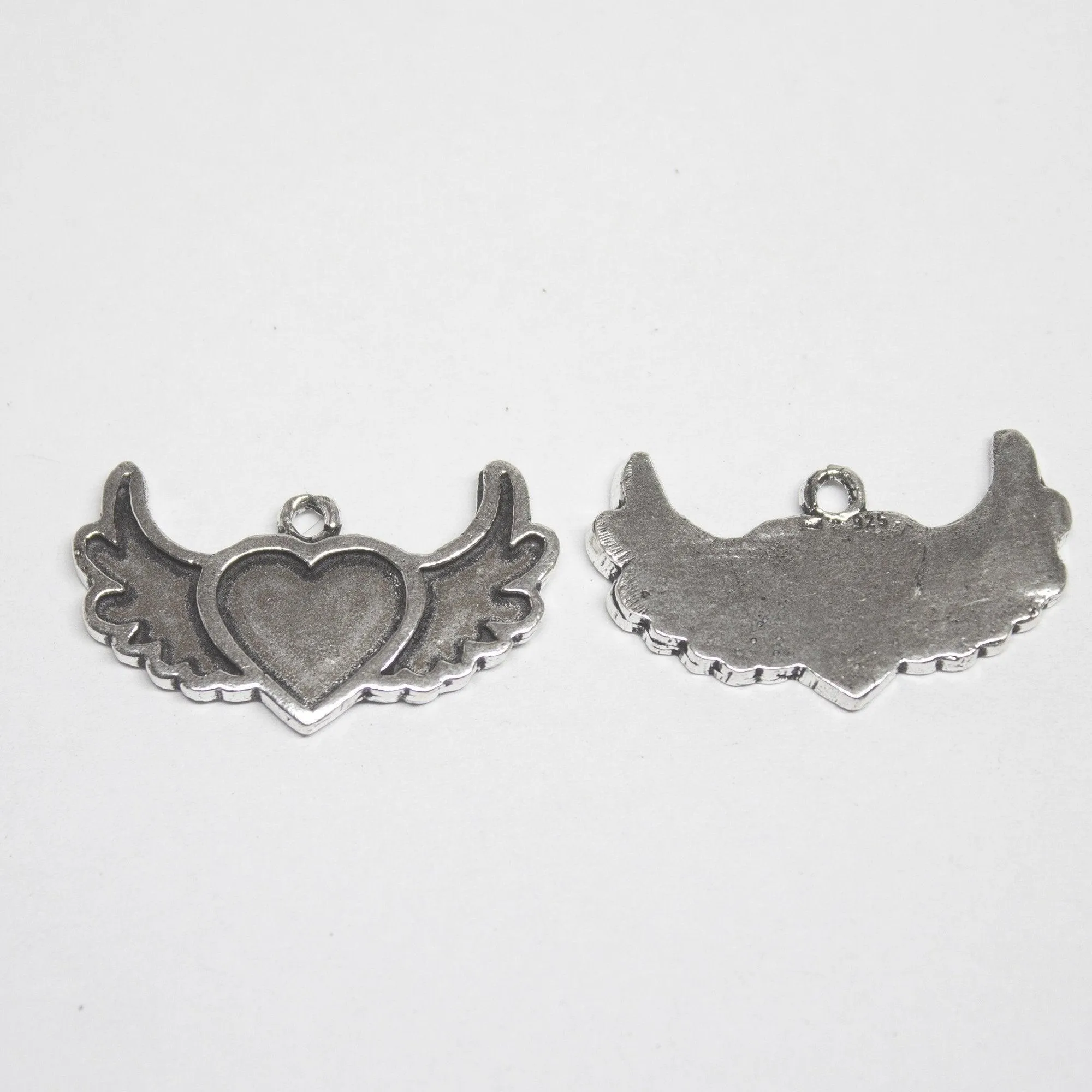 6 Heart Charms Antique Silver Tone Heart Wings Charm
