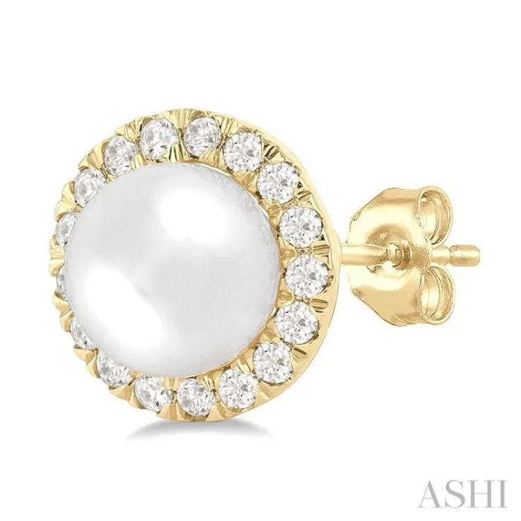 6 MM White Cultured Pearl and 1/4 ctw Round Cut Diamond Halo Stud Earrings in 14K Yellow Gold
