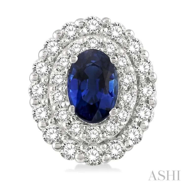 6x4 MM Oval Shape Sapphire and 3/4 ctw Round Cut Diamond Precious Earrings in 14K White Gold