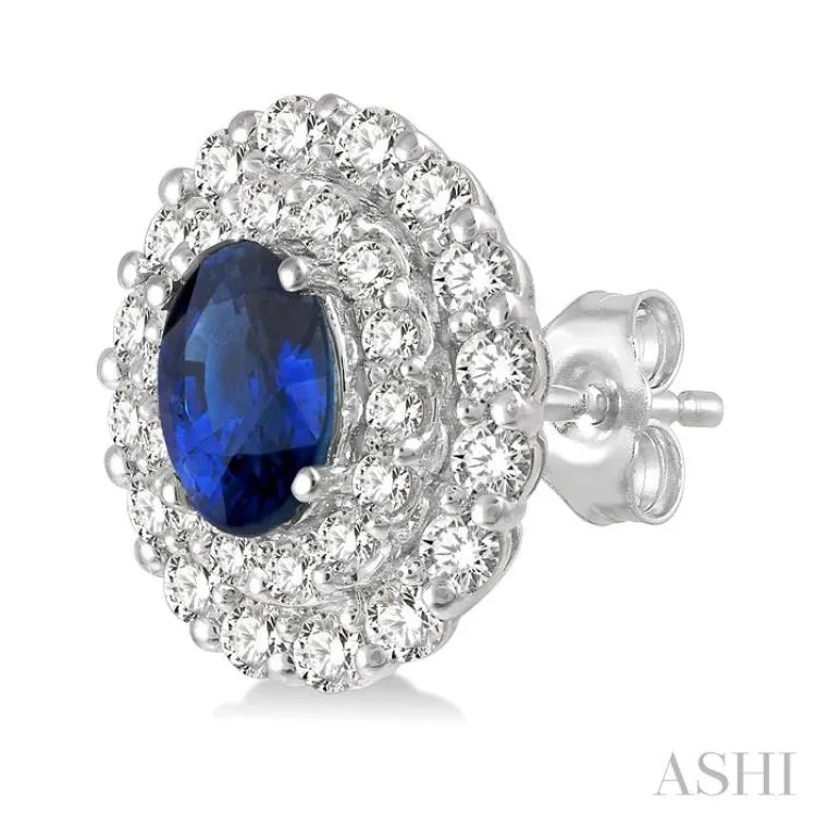 6x4 MM Oval Shape Sapphire and 3/4 ctw Round Cut Diamond Precious Earrings in 14K White Gold