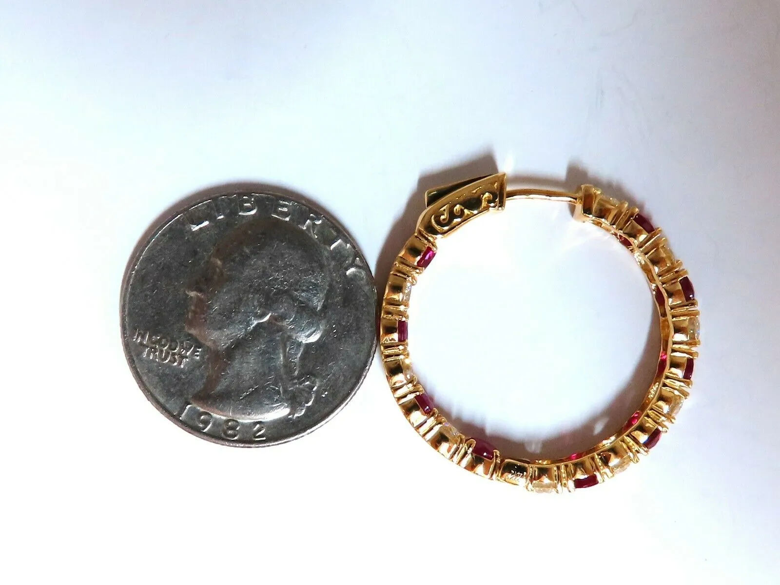 7.19ct natural Ruby diamonds hoop earrings 14kt yellow gold inside out