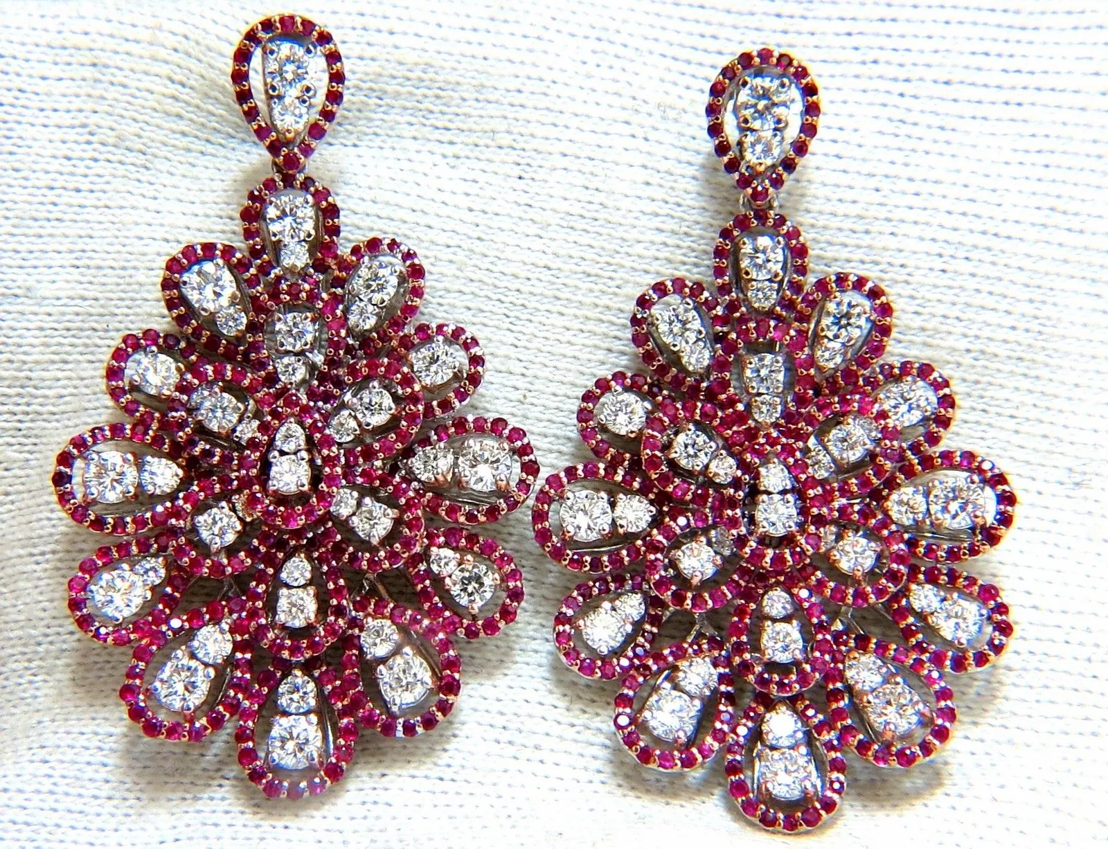 7.76ct Natural Ruby Diamond Dangle Chandelier cluster pendant earrings 14kt