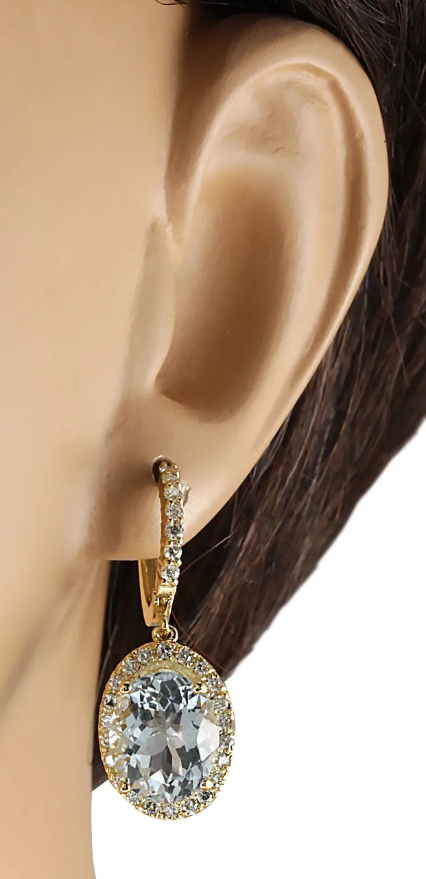 8.93 Carat Natural Aquamarine 14K Yellow Gold Diamond Earrings