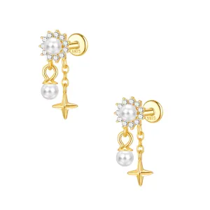 925 Silver Pearl Sun Star Flat Back Earrings