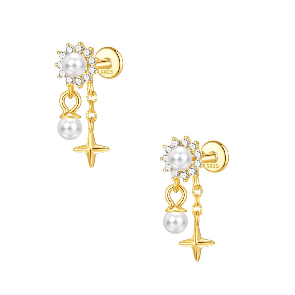 925 Silver Pearl Sun Star Flat Back Earrings