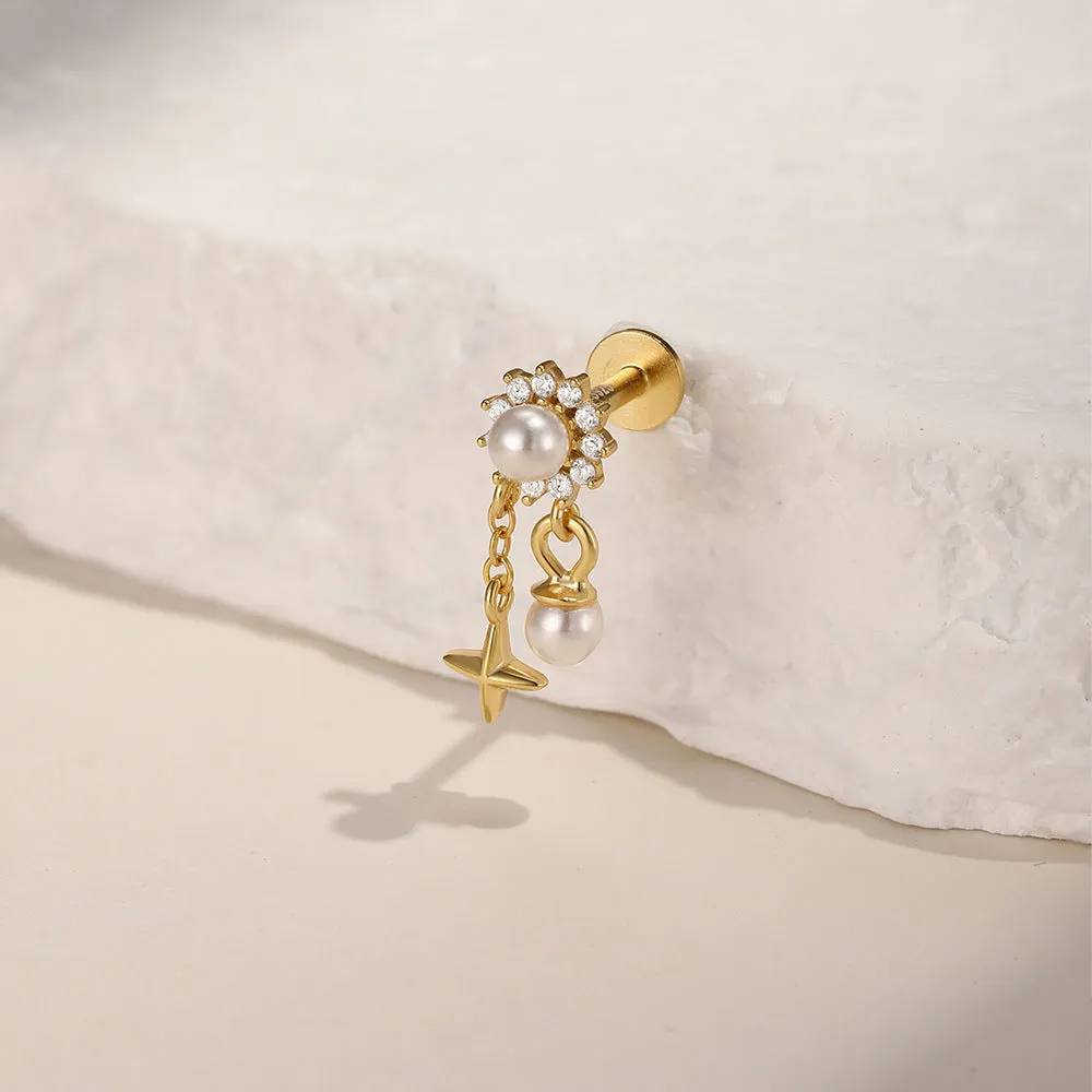 925 Silver Pearl Sun Star Flat Back Earrings