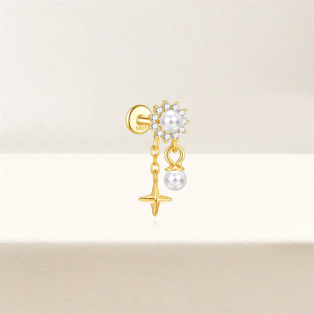 925 Silver Pearl Sun Star Flat Back Earrings