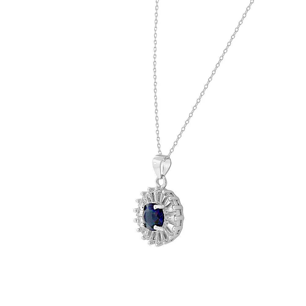 925 Sterling Silver Baguette-Cut Blue Sapphire-Tone CZ Round Stud Earrings Pendant Necklace Set