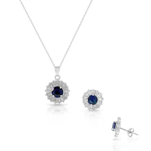 925 Sterling Silver Baguette-Cut Blue Sapphire-Tone CZ Round Stud Earrings Pendant Necklace Set