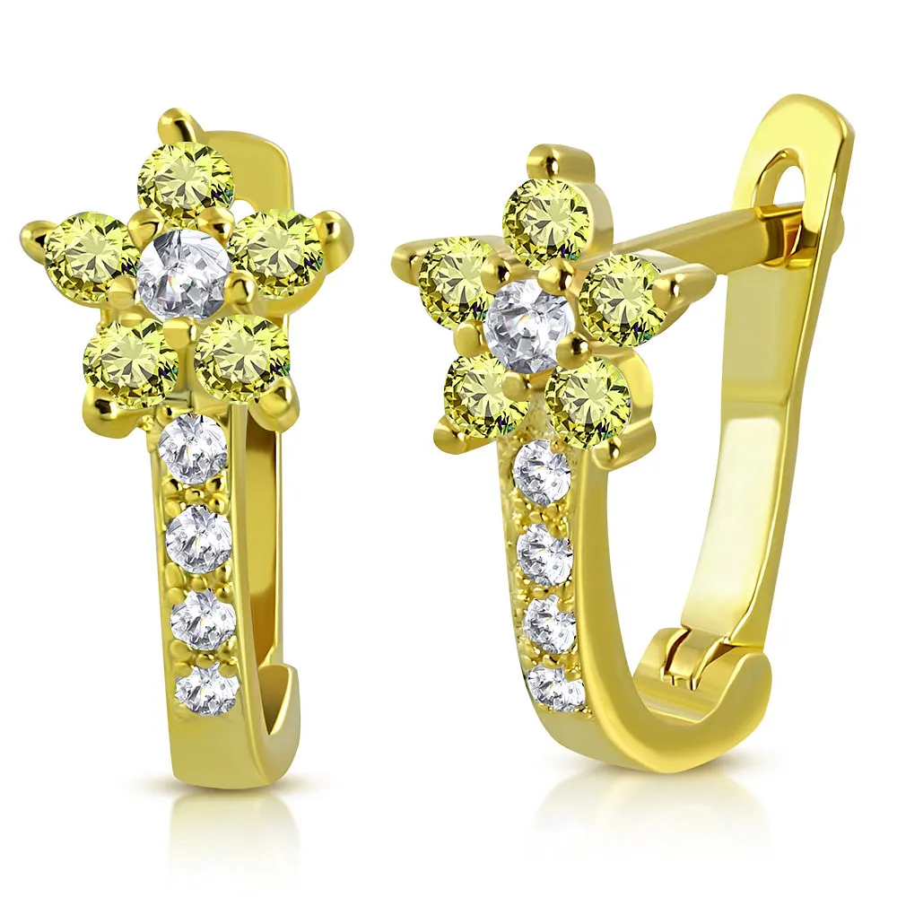 925 Sterling Silver Yellow Gold-Tone White Clear CZ Small Girls Hoop Huggie Flower Floral Earrings, 0.5"