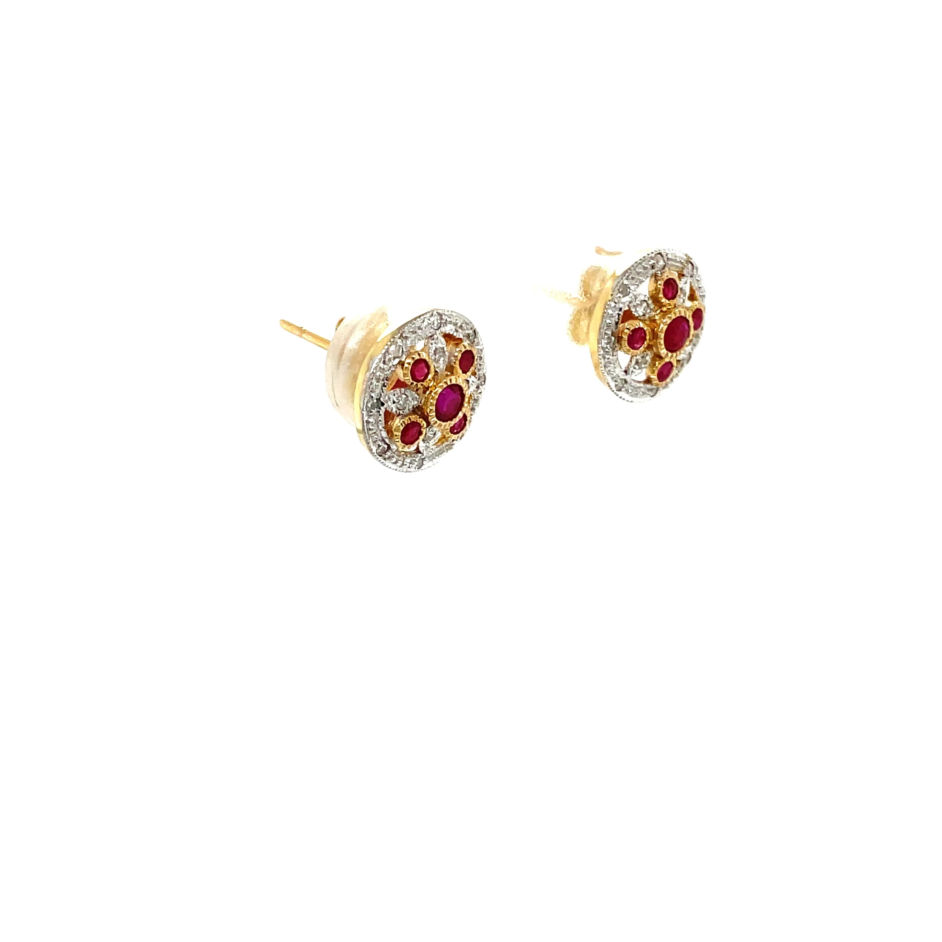 9ct Yellow Gold Ruby and Diamond Art Deco Stud Earrings