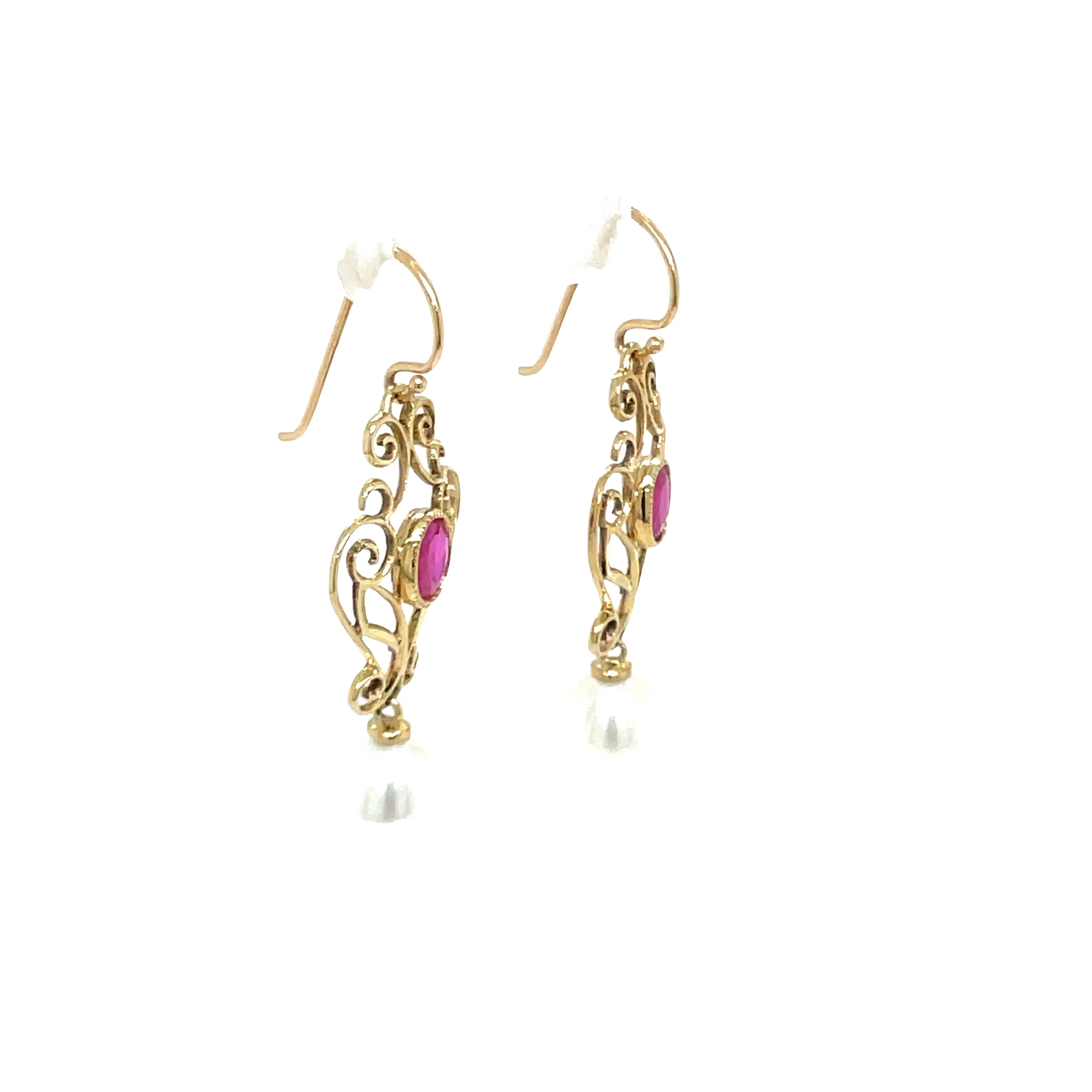 9ct Yellow Gold Ruby and Pearl Vintage Drop Earrings