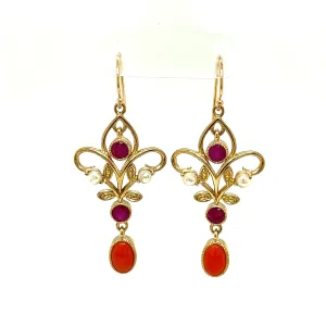 9ct yellow gold ruby, coral and seed pearl earrings