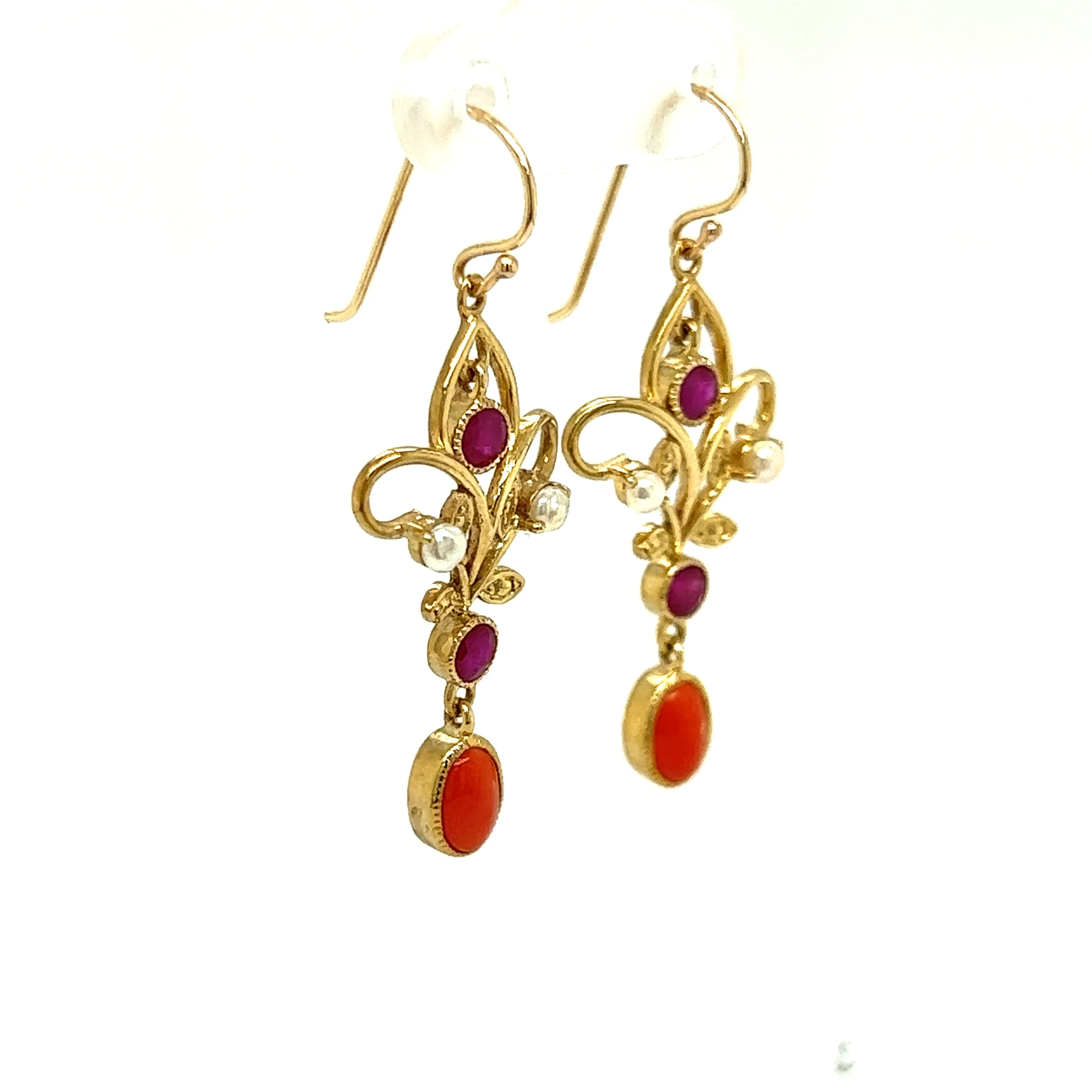 9ct yellow gold ruby, coral and seed pearl earrings