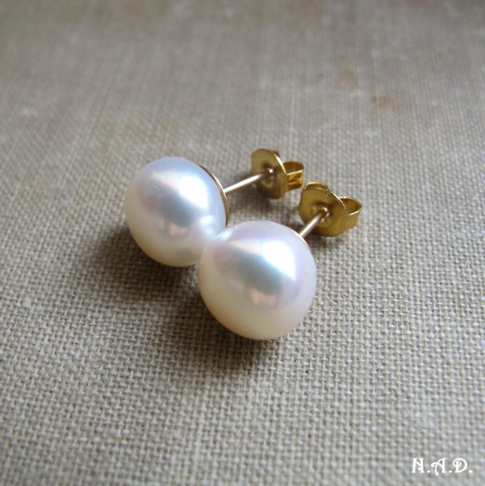 AAA White Pearl Earrings - Wedding Jewelry - Button Shape Freshwater Pearl Studs