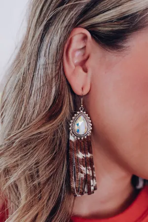 AB Crystal Fringe Earrings - Cow Print