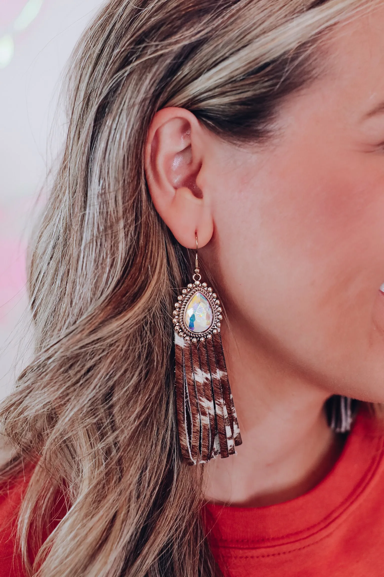 AB Crystal Fringe Earrings - Cow Print
