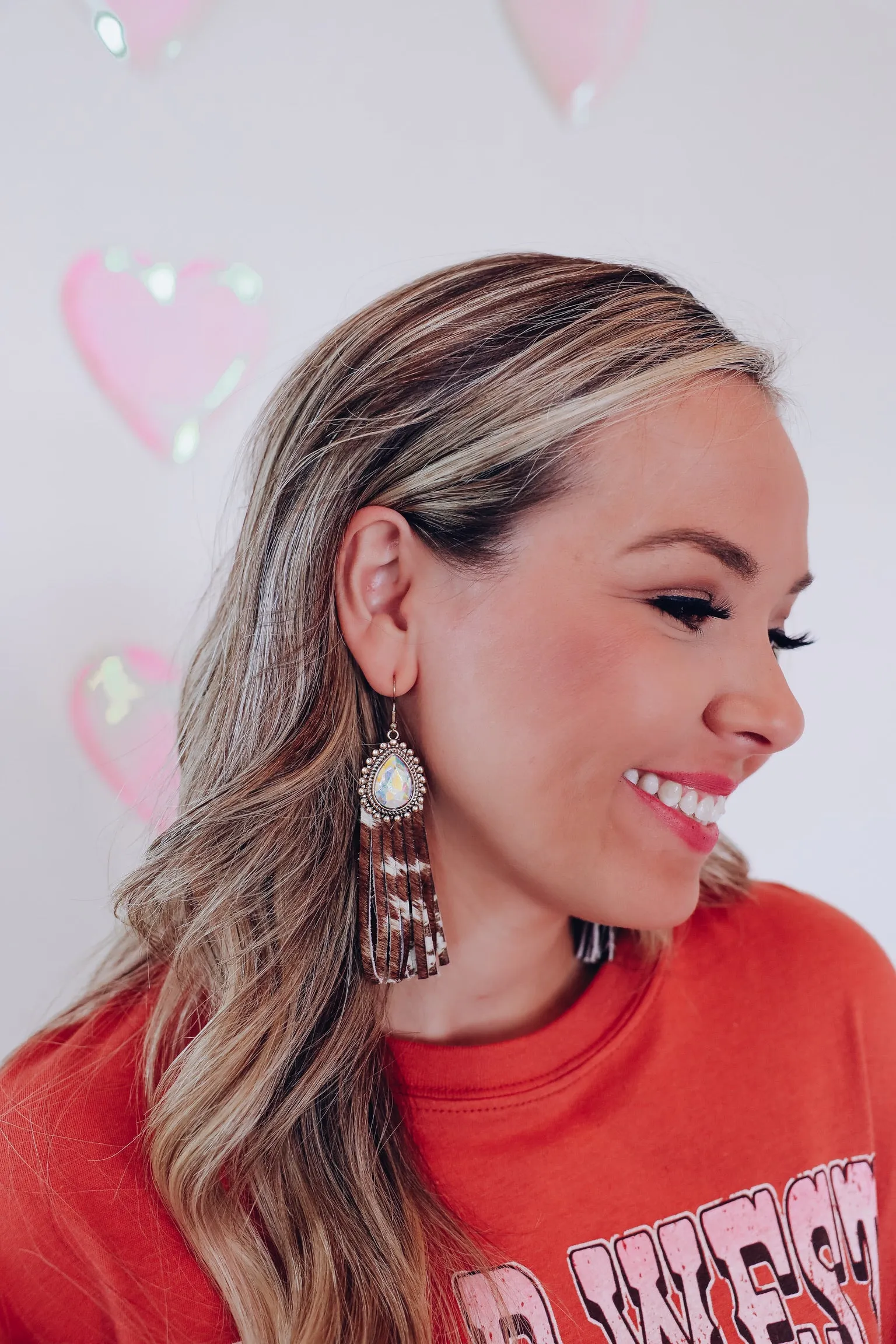 AB Crystal Fringe Earrings - Cow Print