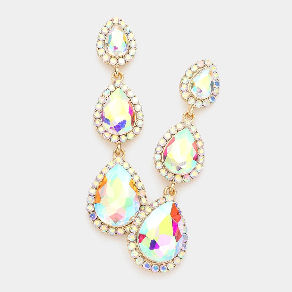 AB Triple Teardrop Pageant Earrings on Gold | Prom Earrings | Evening Earrings |  572906