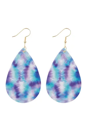 ABSTRACT BLUE VIOLET PRINTED LEATHER TEARDROP HOOK EARRINGS
