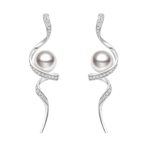 Akoya Pearl 18K Solid Gold Wave Curl Long Drop Diamonds Earrings