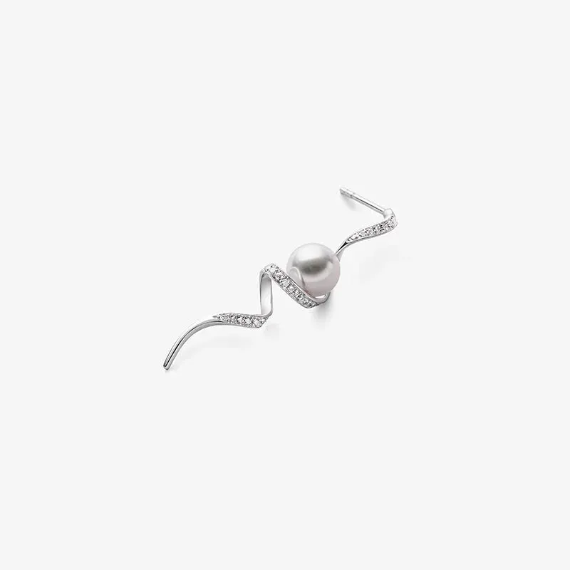 Akoya Pearl 18K Solid Gold Wave Curl Long Drop Diamonds Earrings