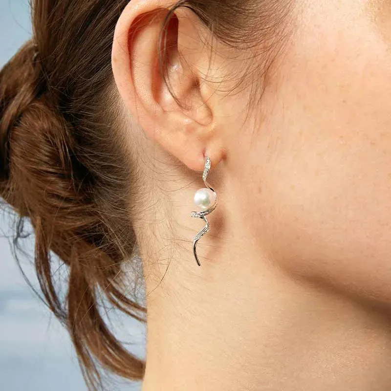 Akoya Pearl 18K Solid Gold Wave Curl Long Drop Diamonds Earrings