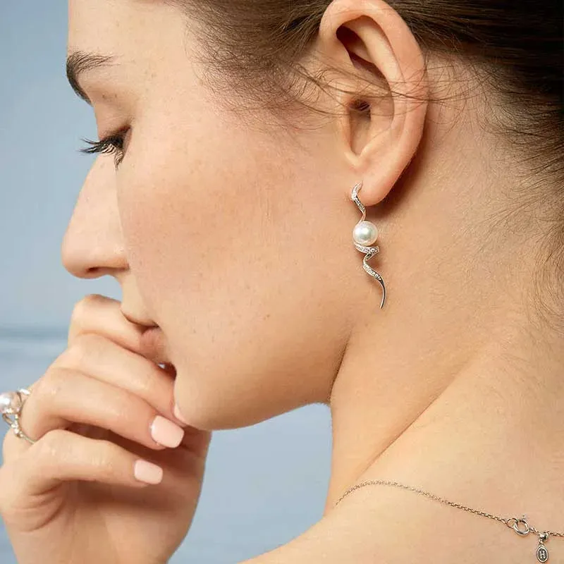 Akoya Pearl 18K Solid Gold Wave Curl Long Drop Diamonds Earrings