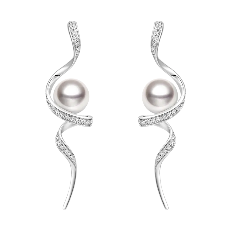 Akoya Pearl 18K Solid Gold Wave Curl Long Drop Diamonds Earrings
