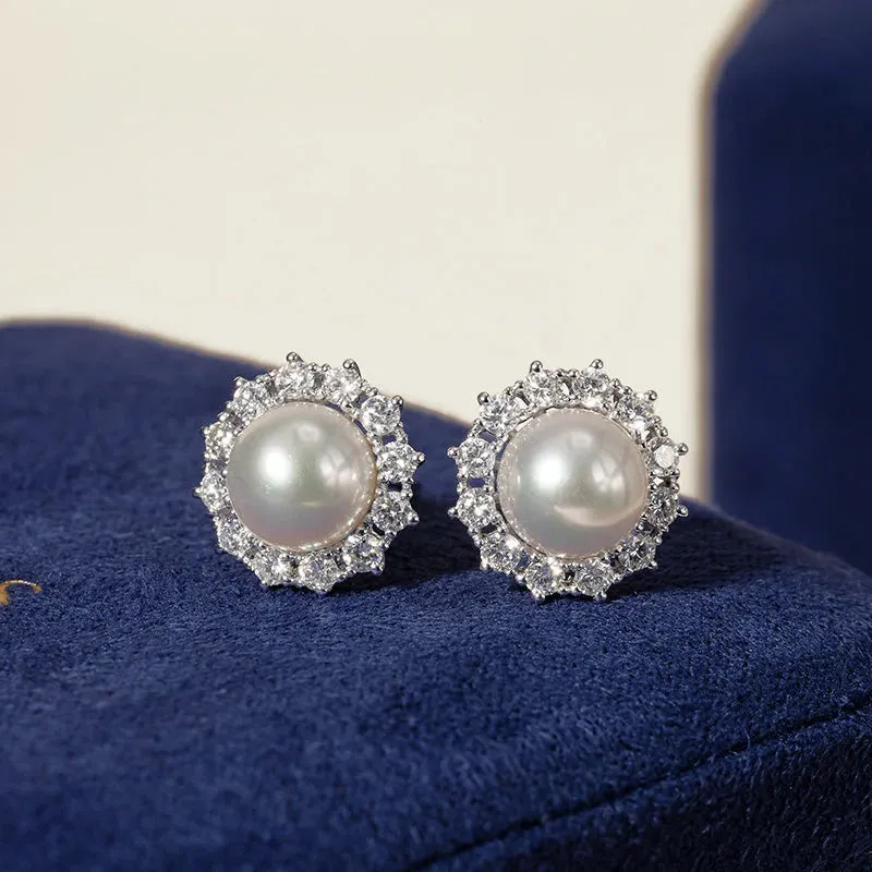 Akoya Pearl 18K White Gold Diamond Sunflower Earrings
