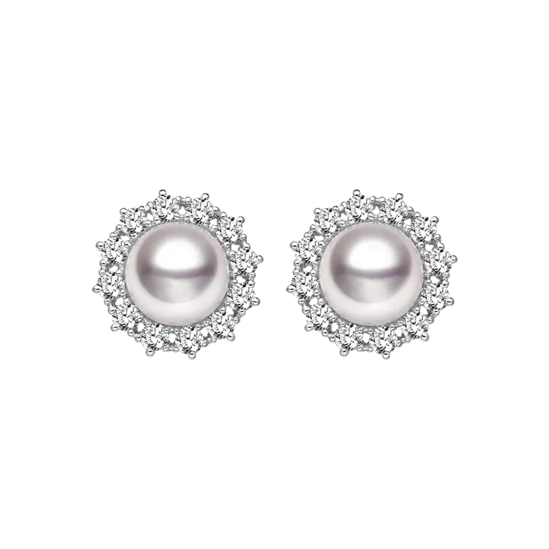 Akoya Pearl 18K White Gold Diamond Sunflower Earrings