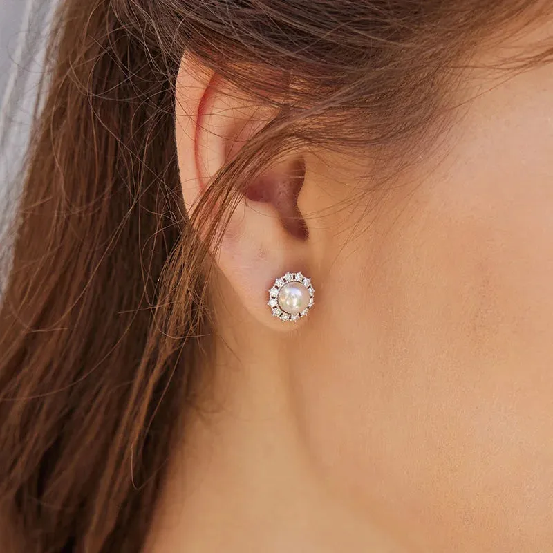 Akoya Pearl 18K White Gold Diamond Sunflower Earrings