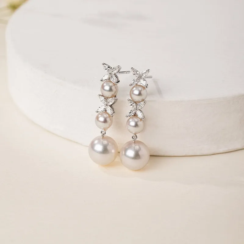 Akoya Pearl 18K White Gold Gradient Size Pearl Drop Earrings