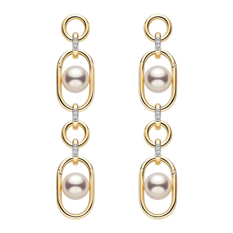 Akoya Saltwater Pearl 18K Gold Hoop Chain Adjustable Interlocking Earrings