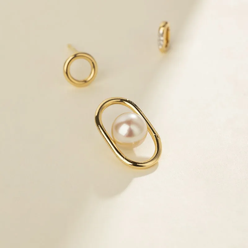 Akoya Saltwater Pearl 18K Gold Hoop Chain Adjustable Interlocking Earrings