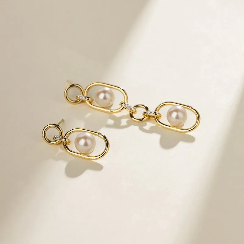 Akoya Saltwater Pearl 18K Gold Hoop Chain Adjustable Interlocking Earrings