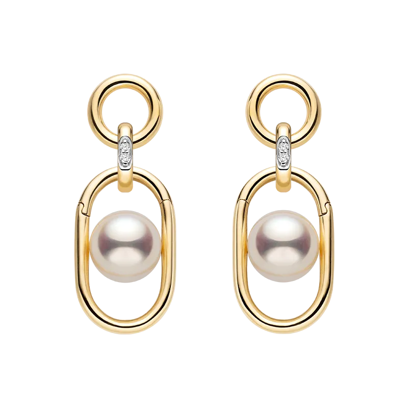 Akoya Saltwater Pearl 18K Gold Hoop Chain Adjustable Interlocking Earrings